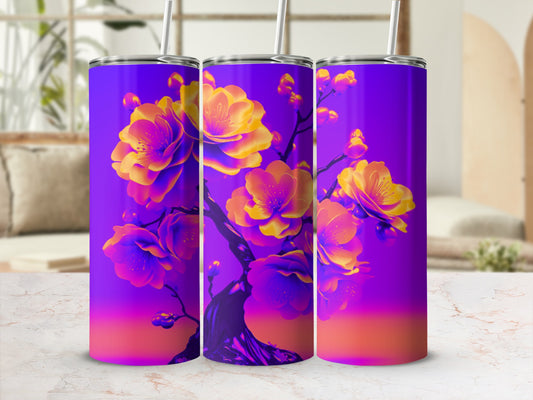 Purple tumbler with vibrant yellow and orange floral design.