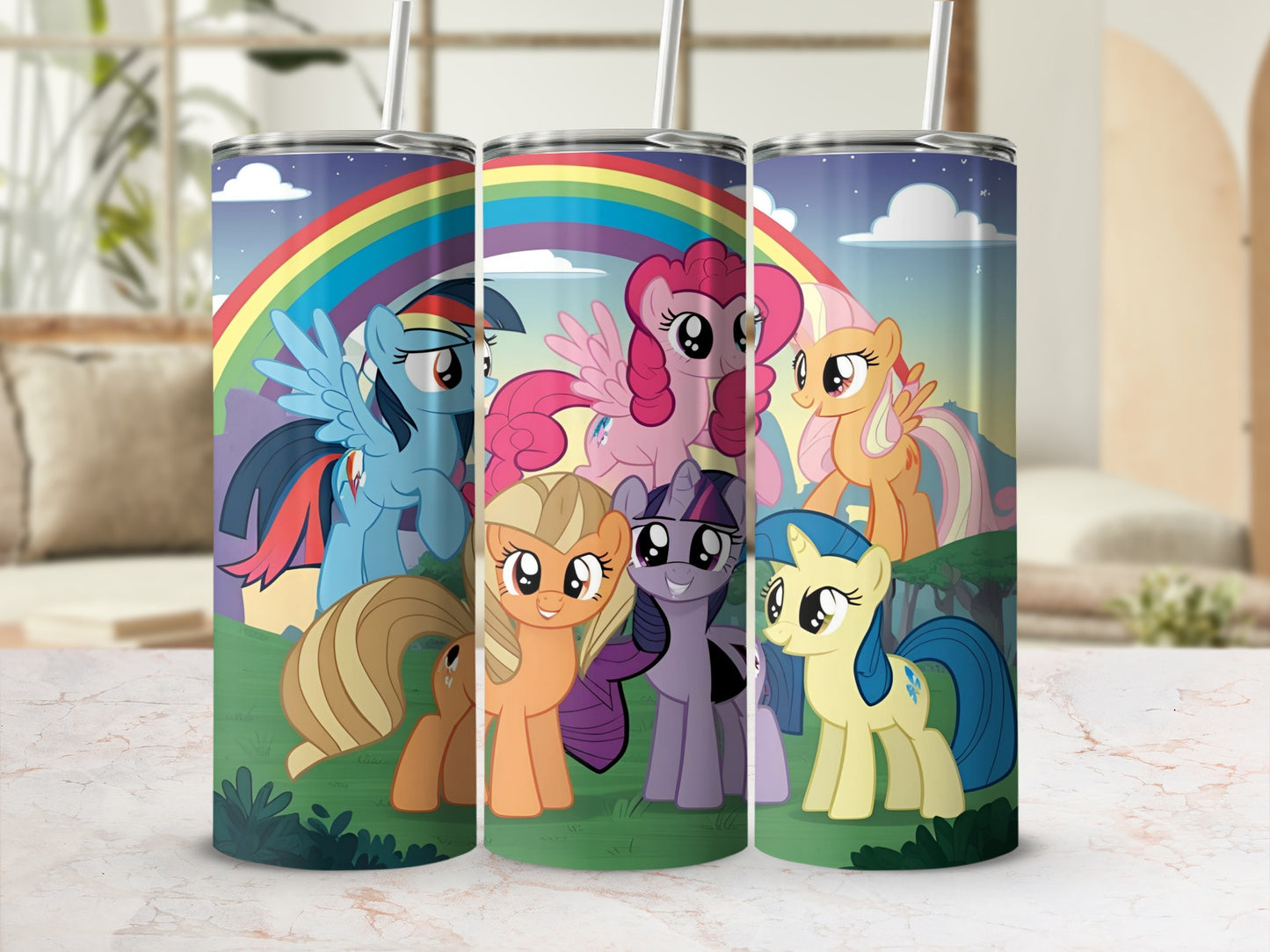 My Little Pony characters on a rainbow background, with straw.