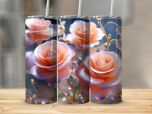 Three tumblers featuring a close-up of a delicate pink rose with gold accents.