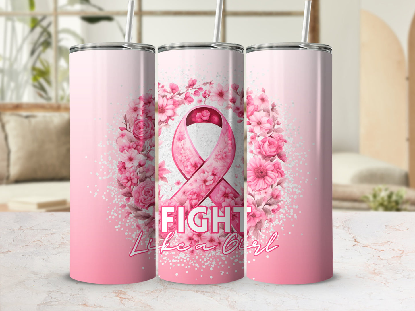 Pink tumbler with floral design and "Fight Like a Girl" text.