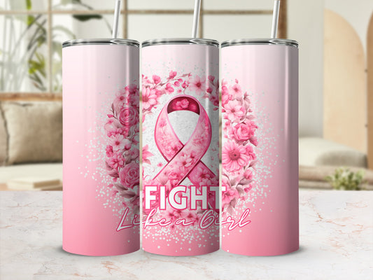 Pink tumbler with floral design and "Fight Like a Girl" text.