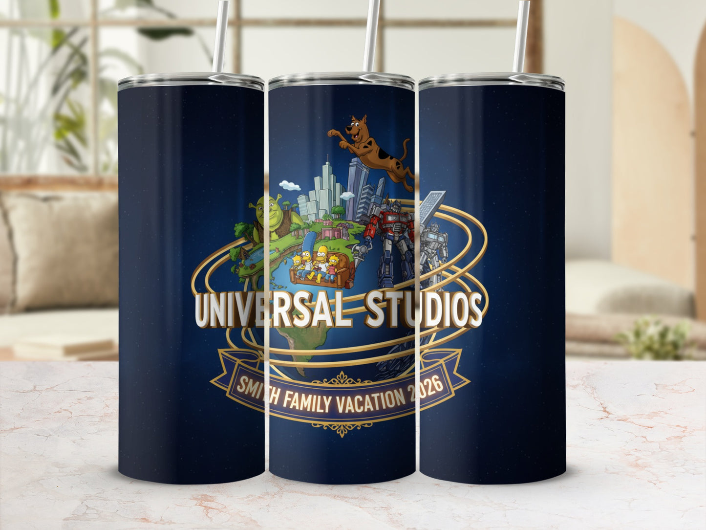Universal Studios 2026 family vacation tumbler with characters and logo.