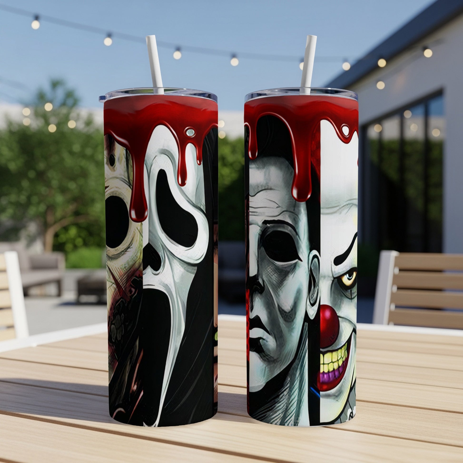 Two tumblers with horror movie villain designs and red dripping accents.