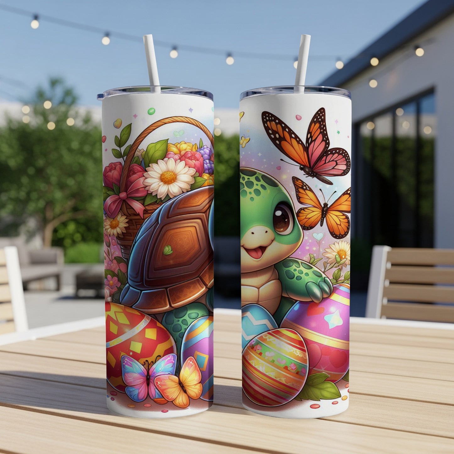 Cute turtle and Easter eggs on a tumbler with butterflies.