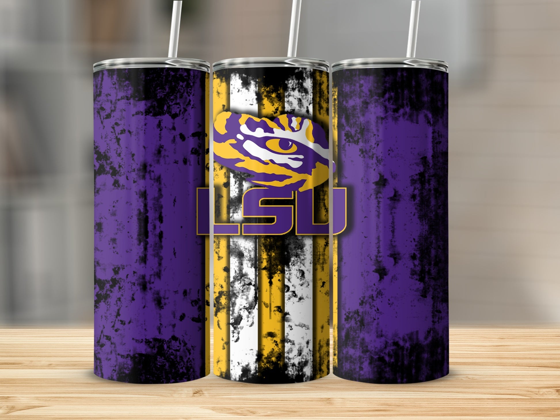 LSU Tiger Eye Striped Purple Yellow Tumbler Cup