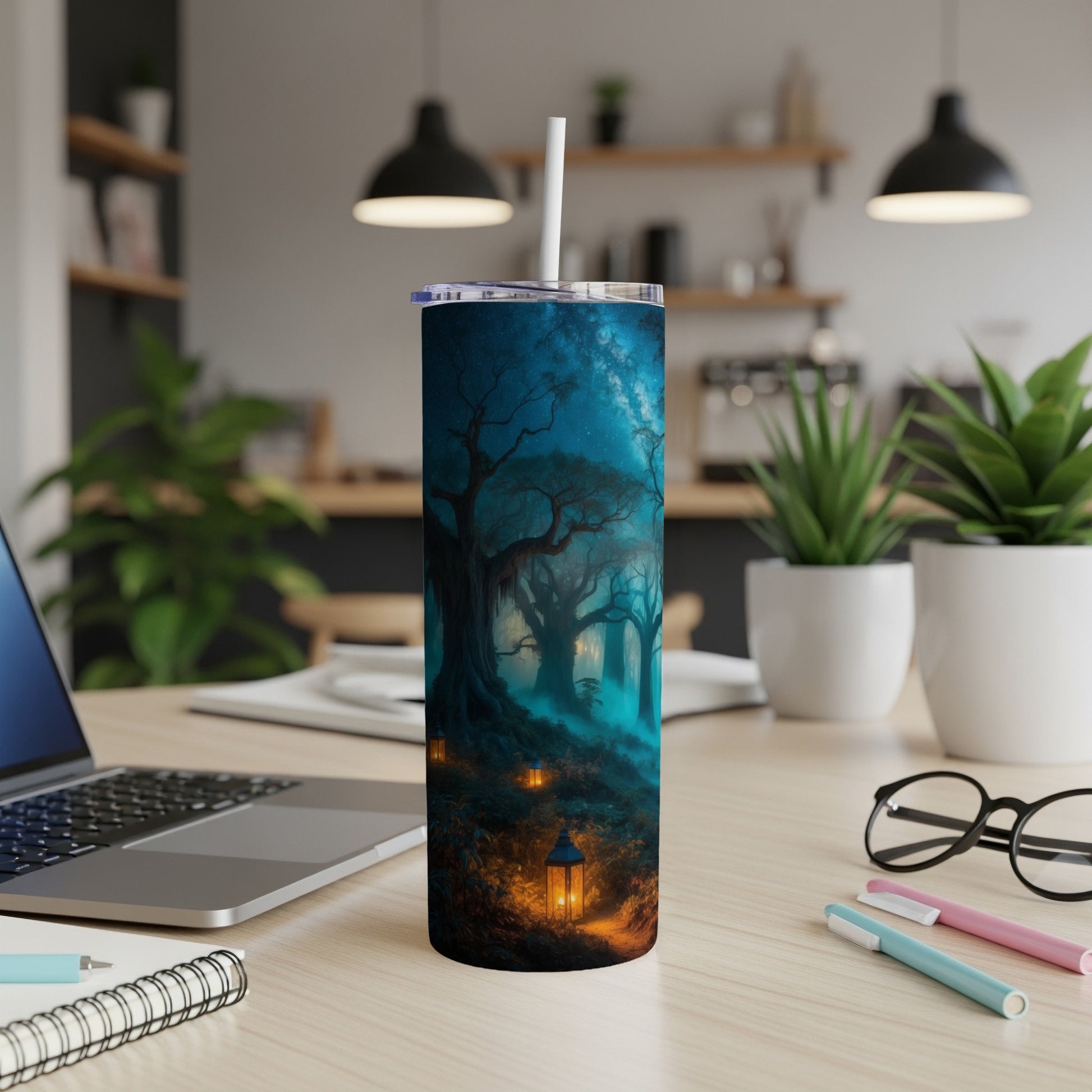 Dark, misty forest with lanterns on a tumbler.