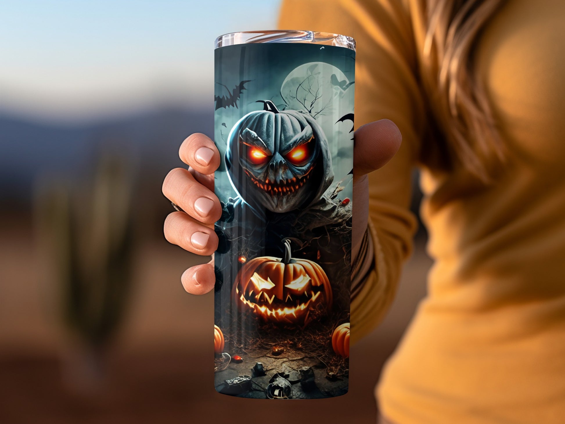 Spooky Halloween Pumpkin Tumbler with Glowing Eyes