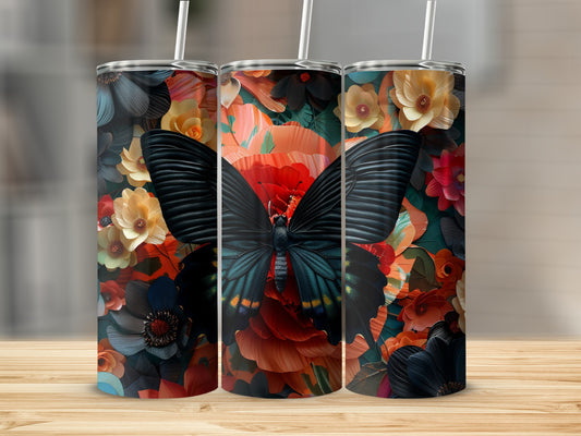 Butterfly and floral pattern on three tumblers.