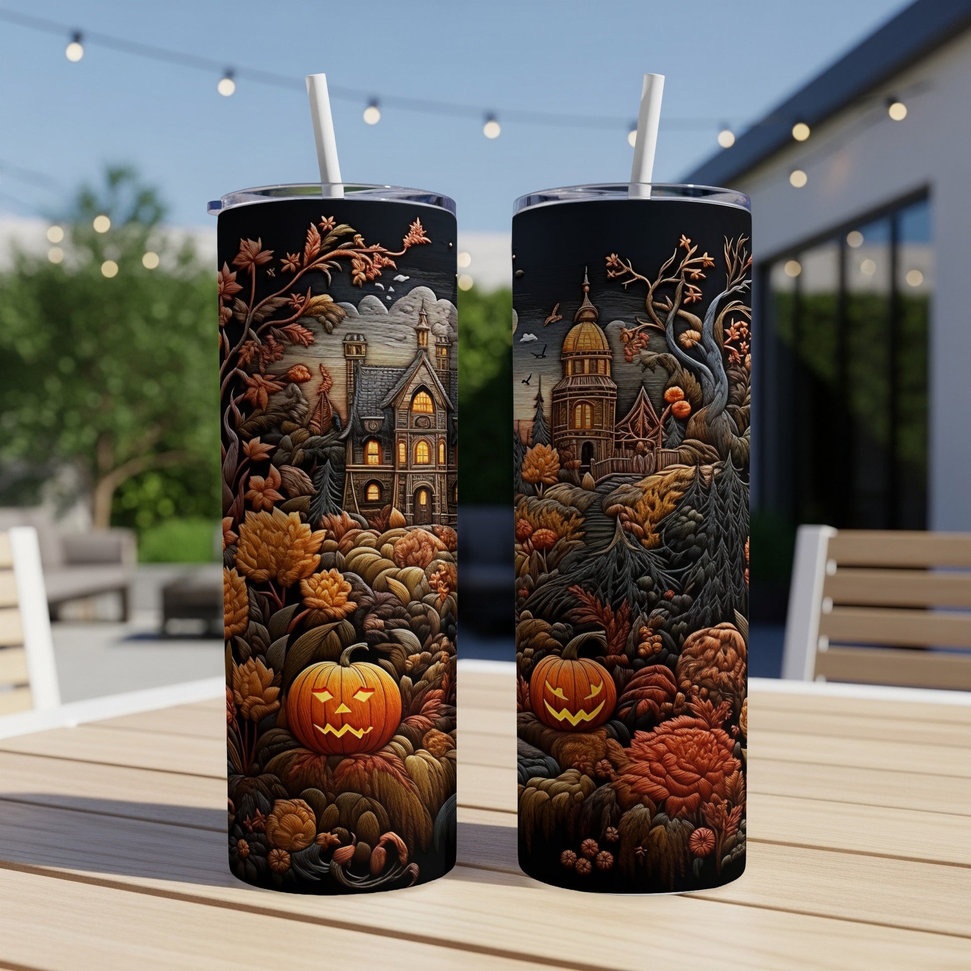 Two Halloween tumblers with gothic houses and pumpkins on a wooden table.