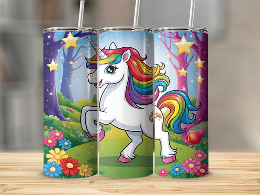 Unicorn with rainbow mane and tail in magical forest with flowers.