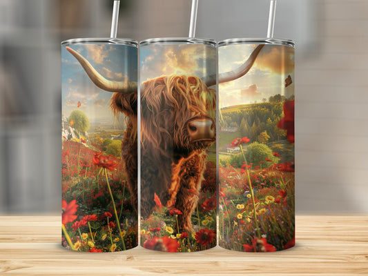 Three tumblers featuring a Highland cow in a field of poppies and wildflowers.