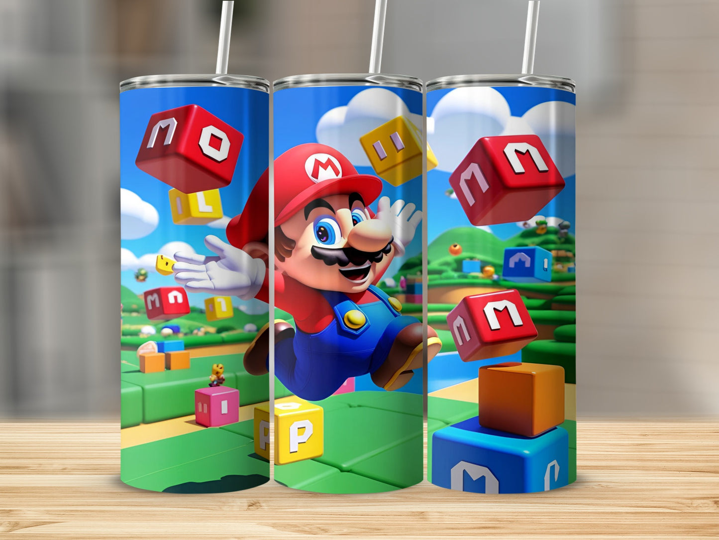 Mario jumping among floating Super Mario Bros. blocks on a tumbler.