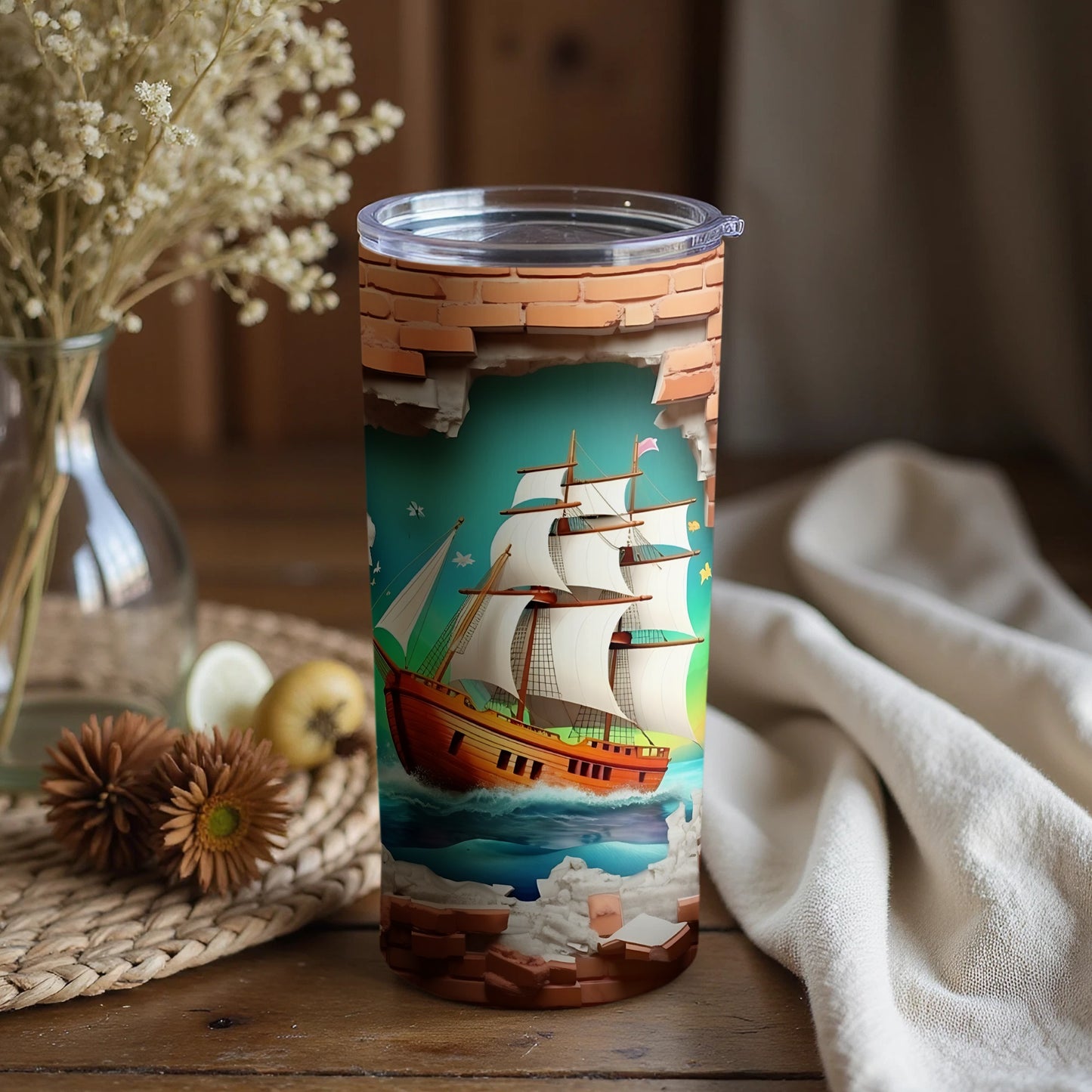 Artistic Tall Ship in Ocean Design Tumbler
