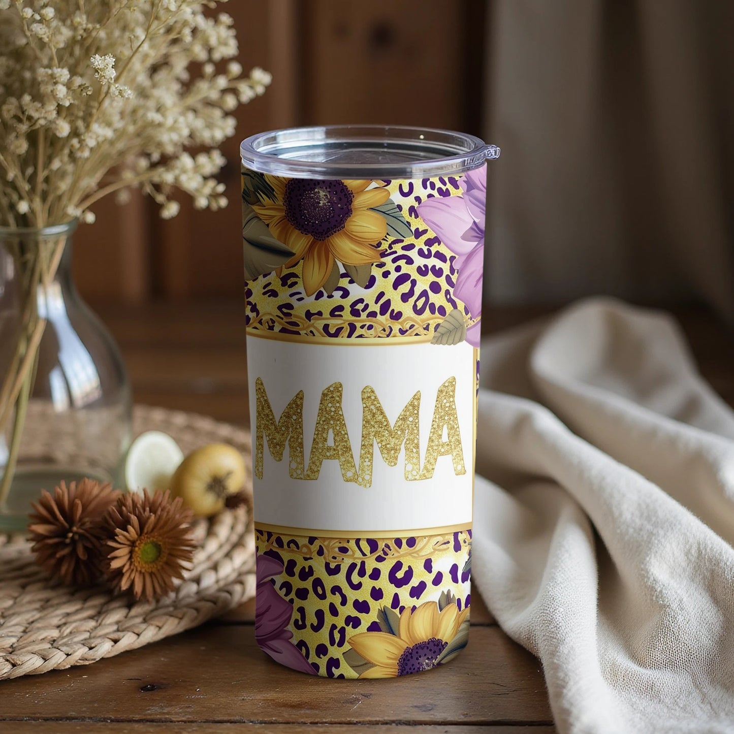 Stylish Mama Leopard Print Floral Tumbler with Lid