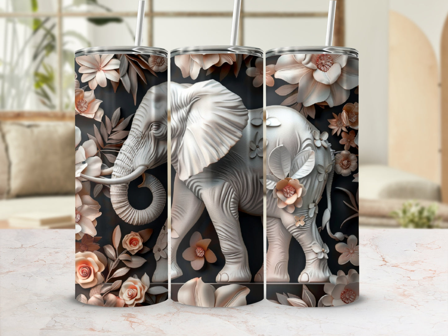 White elephant with floral accents on dark background tumbler.