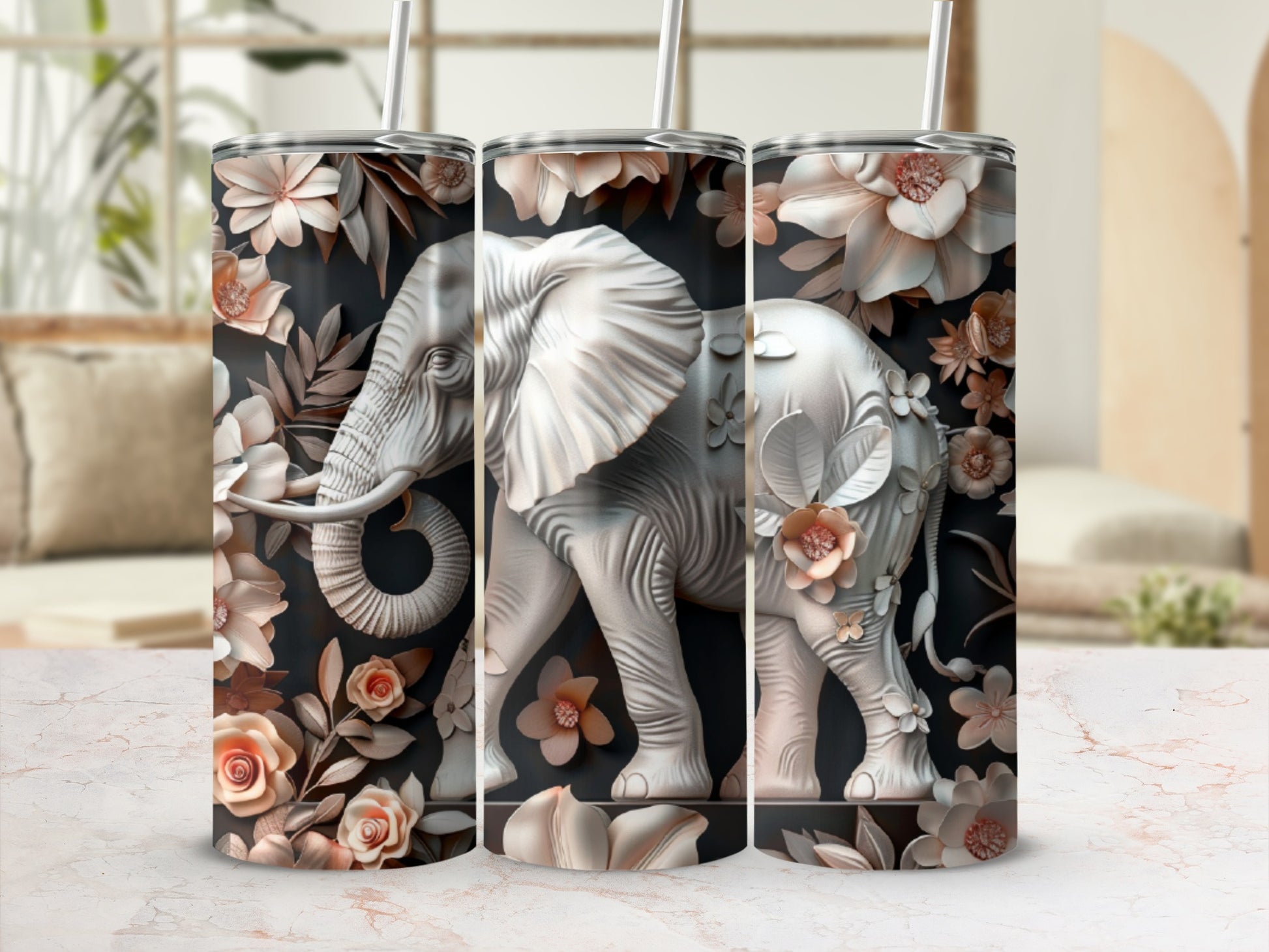 White elephant with floral accents on dark background tumbler.