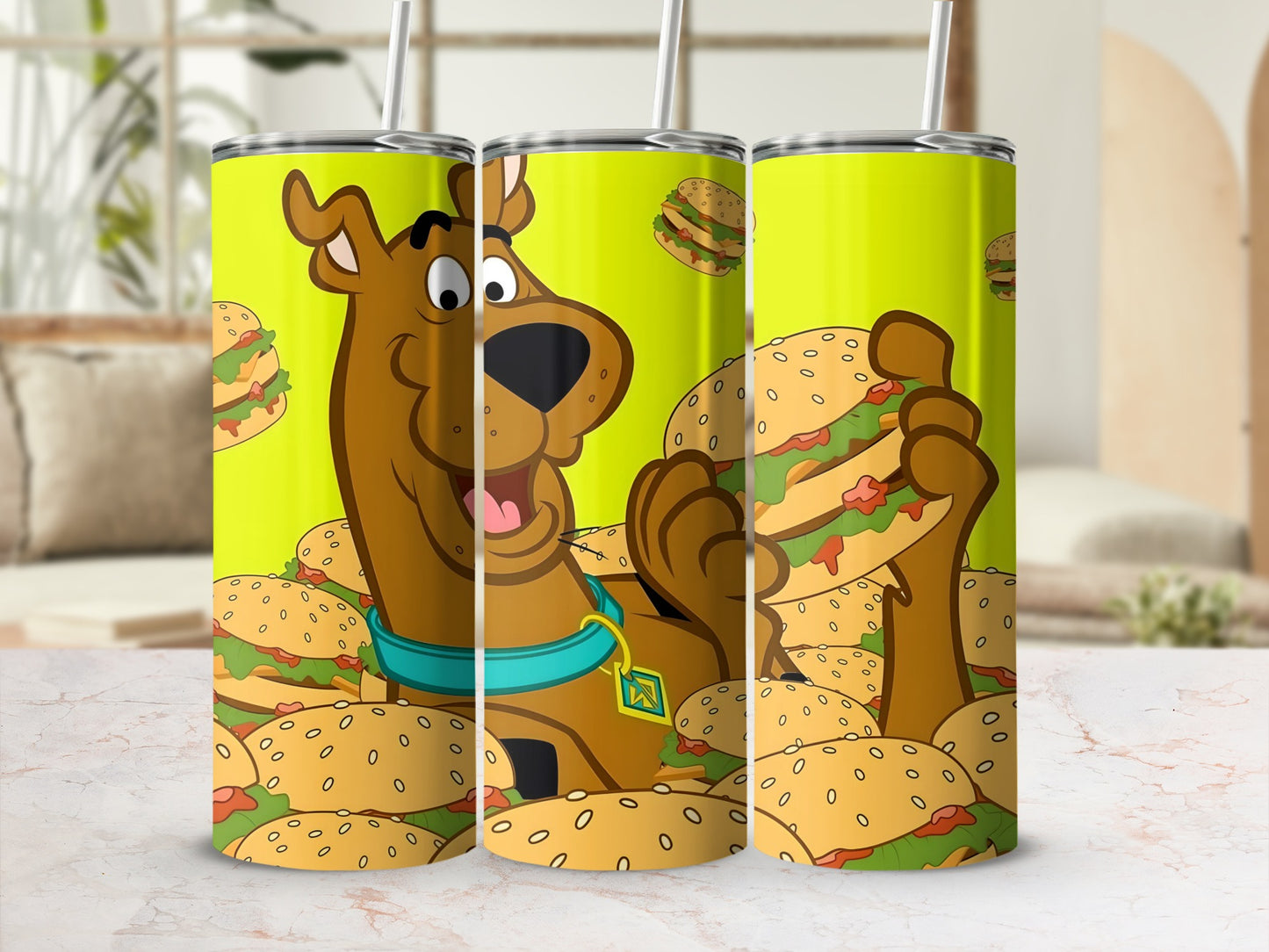 Scooby-Doo character with hamburgers on a green tumbler.