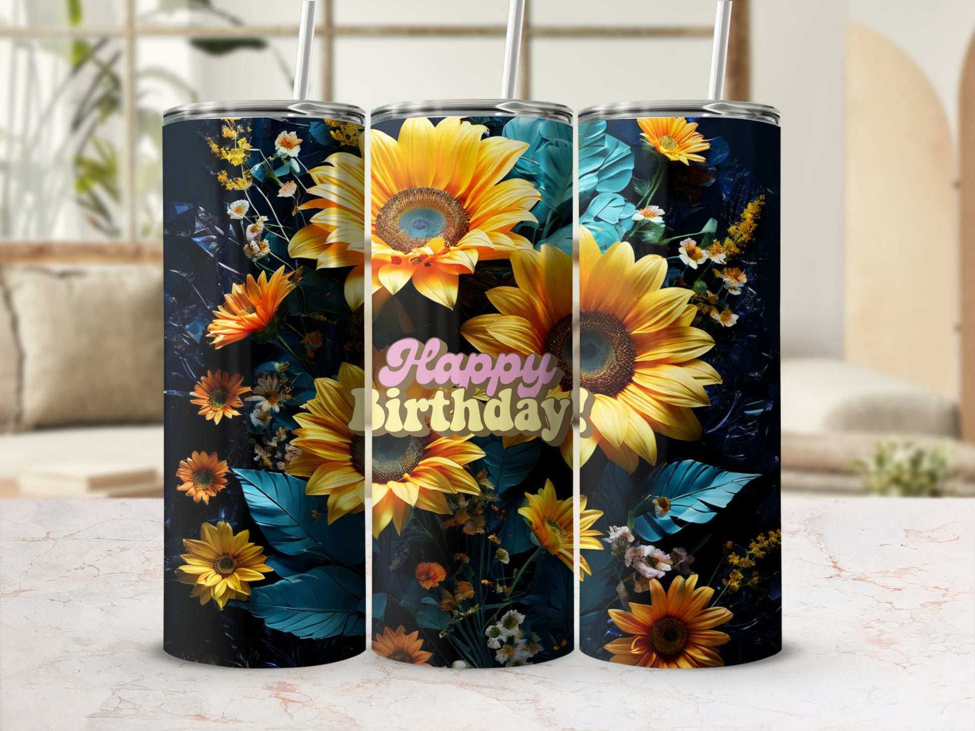 Tall tumbler with sunflowers and "Happy Birthday!" text.