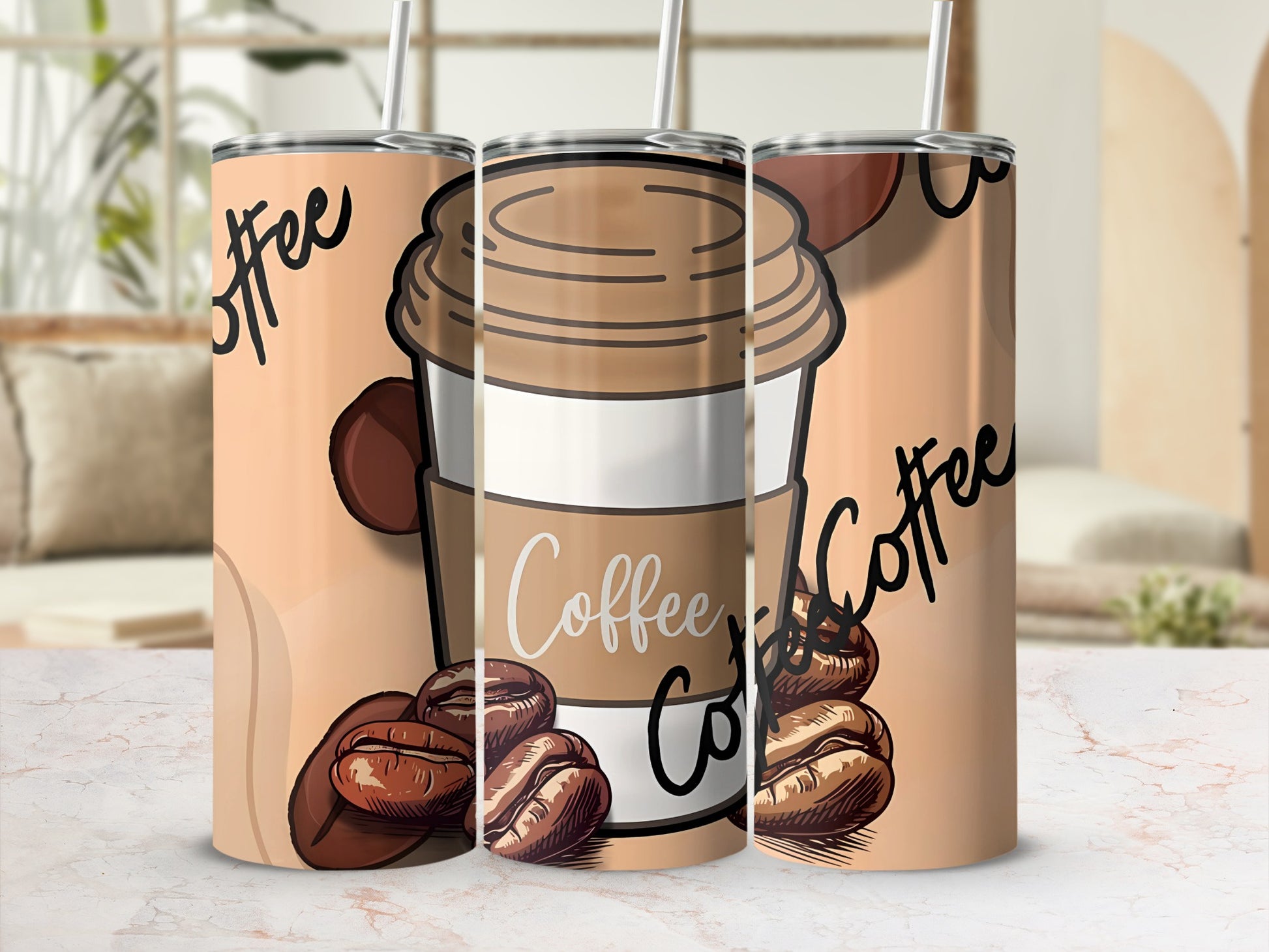 Coffee Theme Travel Tumblers with Bean Graphics Decor