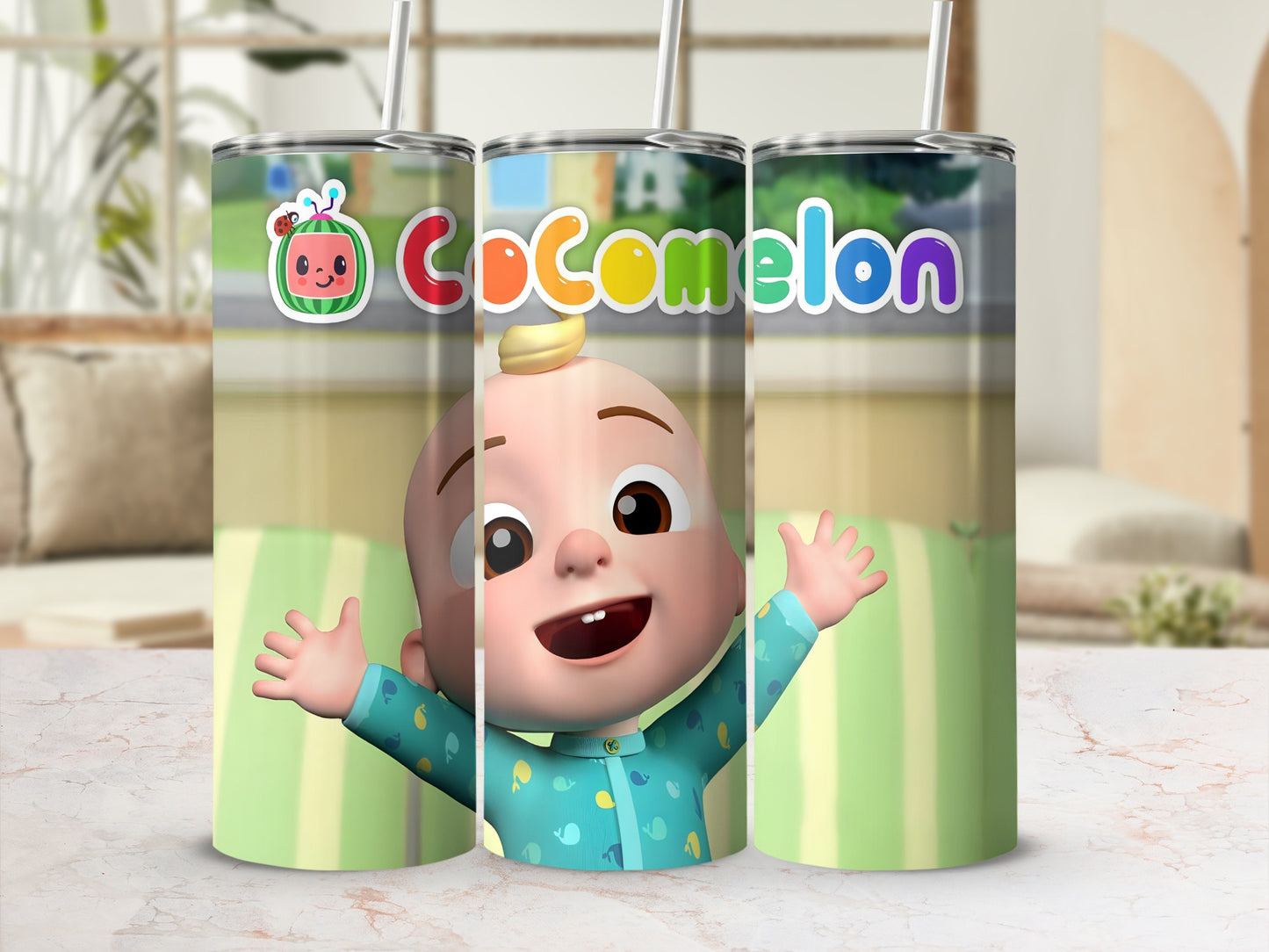 Cocomelon JJ character on a green tumbler with straws.