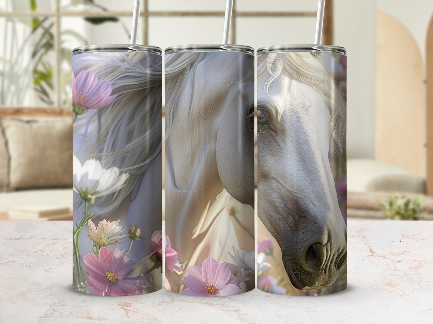 Three tumblers feature a white horse with pink flowers and a marbled background.