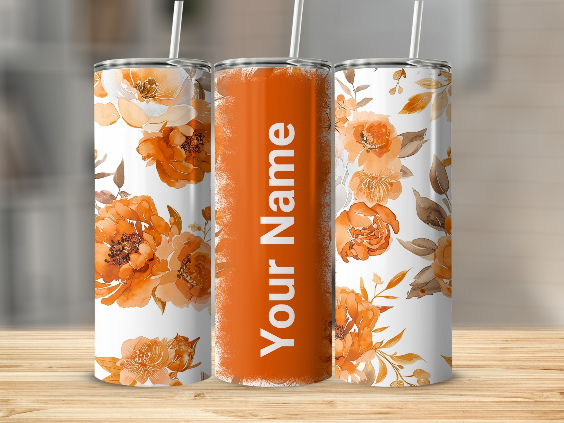 Personalized Floral Orange Tumbler with Your Name