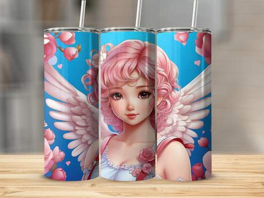 Cute Angel Girl with Pink Hair Blue Background Tumbler