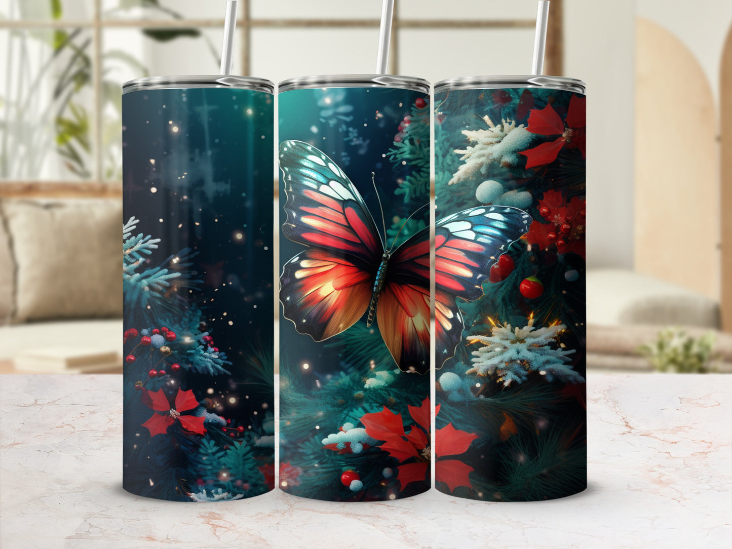 Tumbler with butterfly and festive holiday greenery.