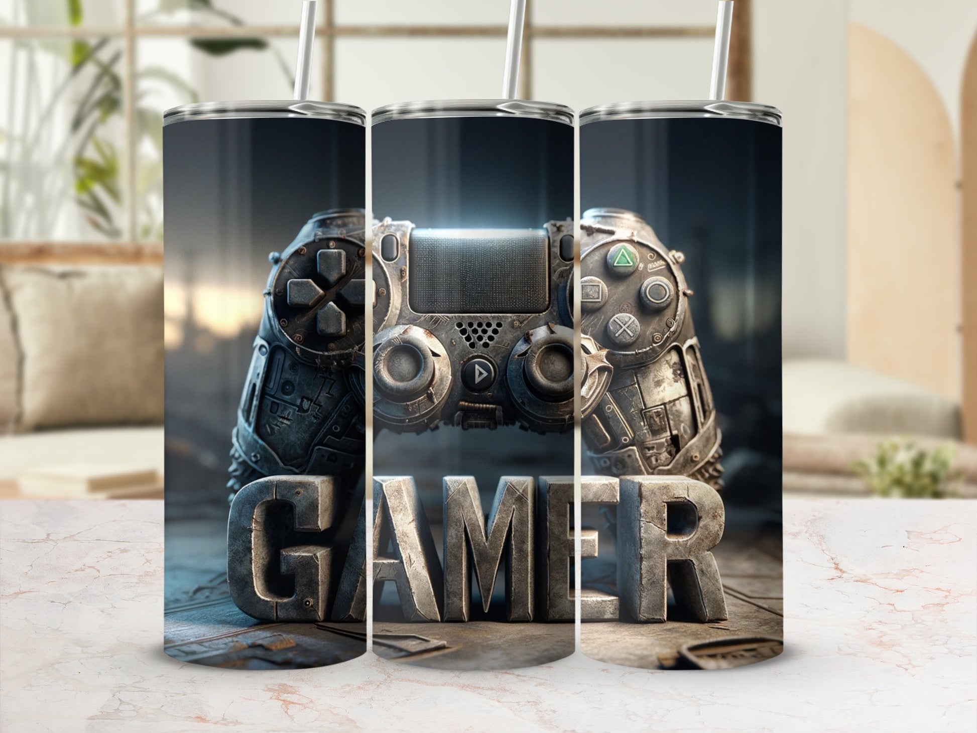 Gamer text with detailed video game controller on a textured surface.