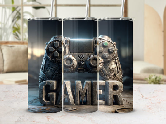 Gamer text with detailed video game controller on a textured surface.