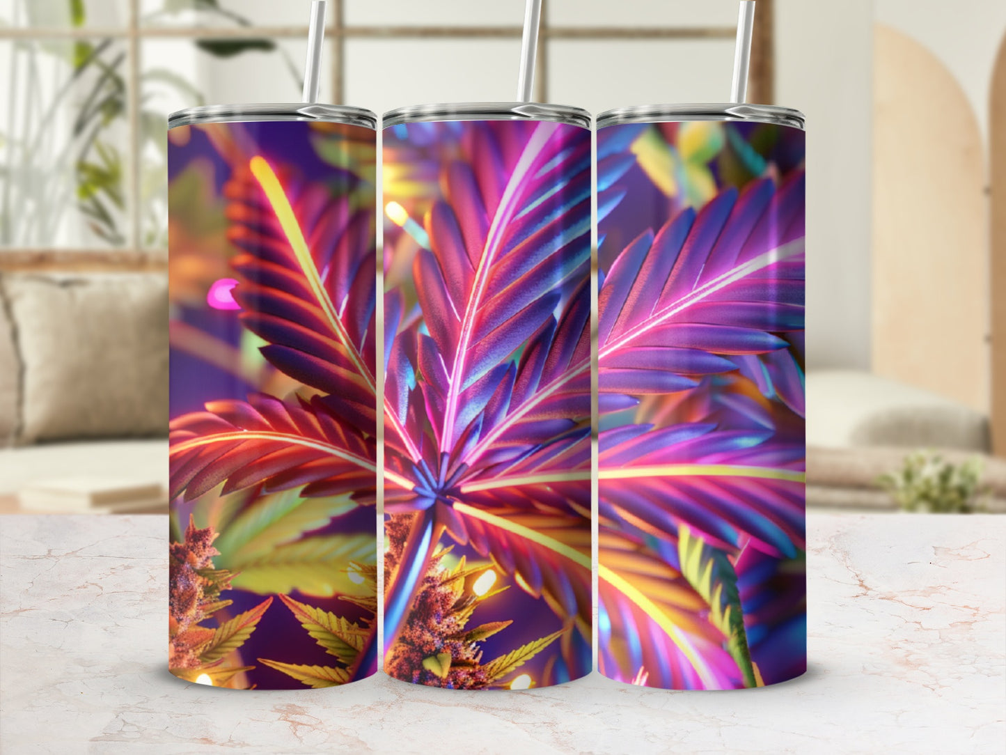 Three tumblers with a colorful cannabis leaf design.