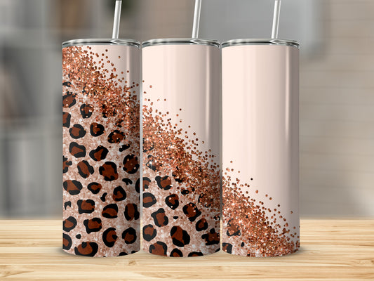 Three tall, light-pink tumblers with leopard print and rose gold glitter accents.