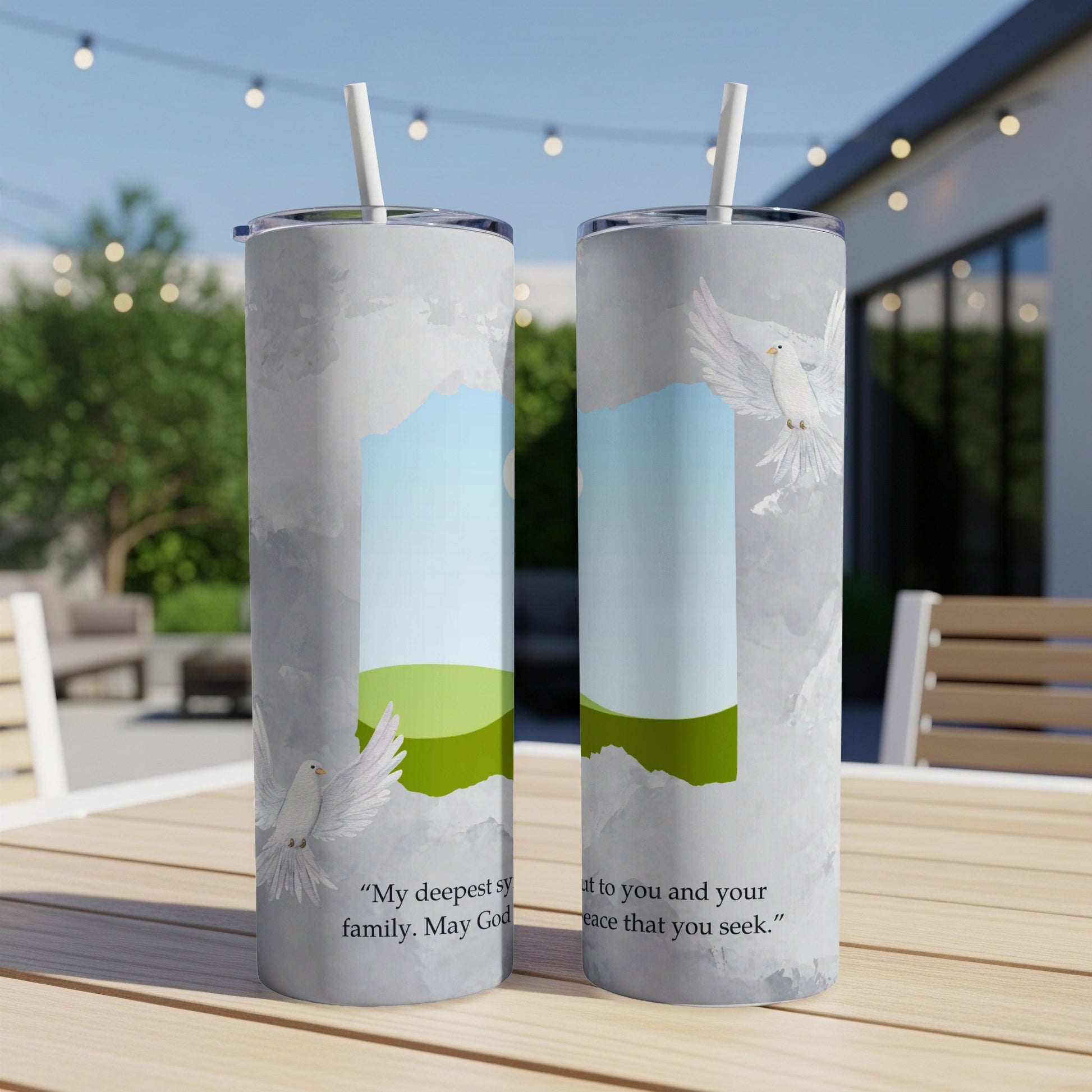 Two tumblers with dove and cloud design, with text "My deepest sy family. May God" and "ut to you and your eace that you seek."