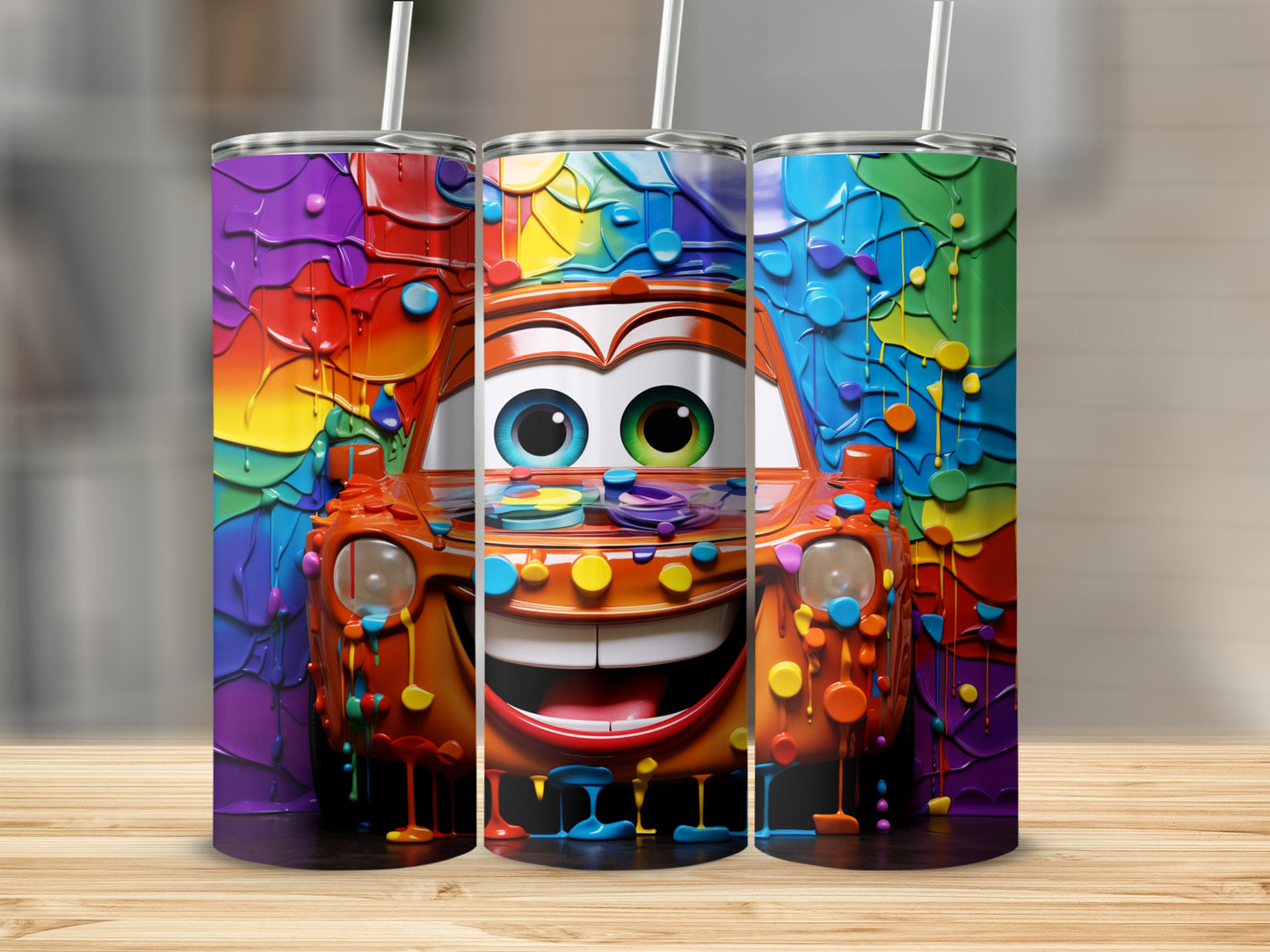 Colorful Cartoon Car with Paint Drips Tumbler Cup