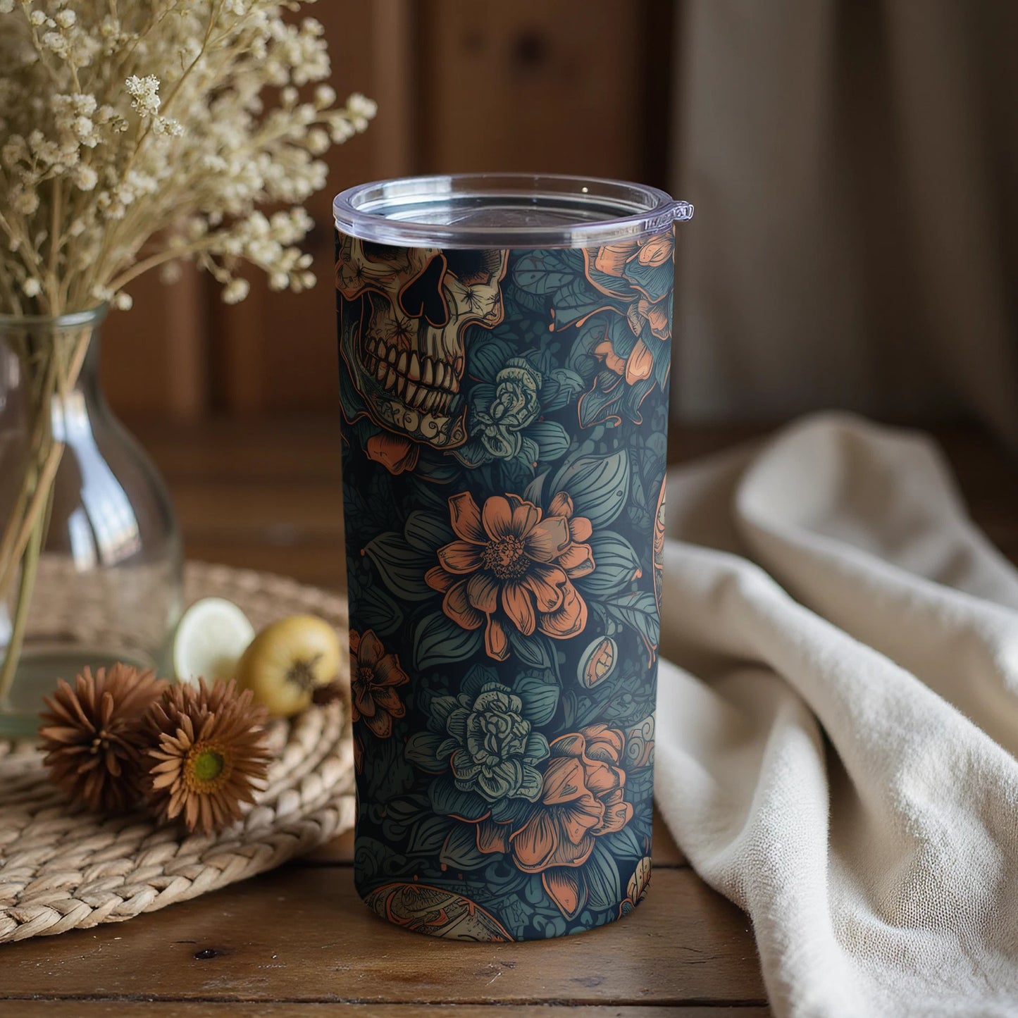 Floral Skull Art Insulated Tumbler for Stylish Drinkware