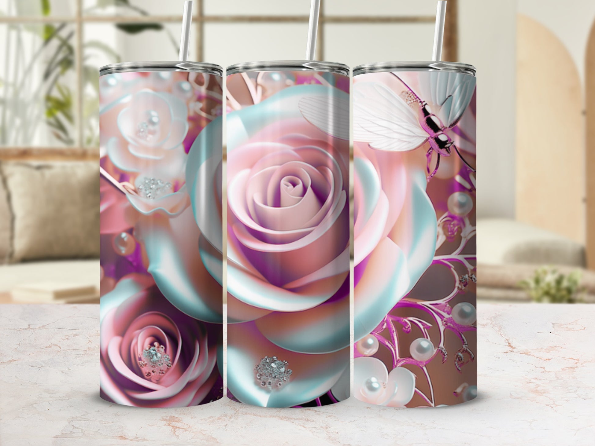 Three tumblers with pink and white roses, pearl accents, and a butterfly.