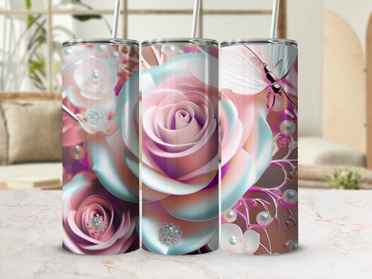 Three tumblers with pink and white roses, pearl accents, and a butterfly.