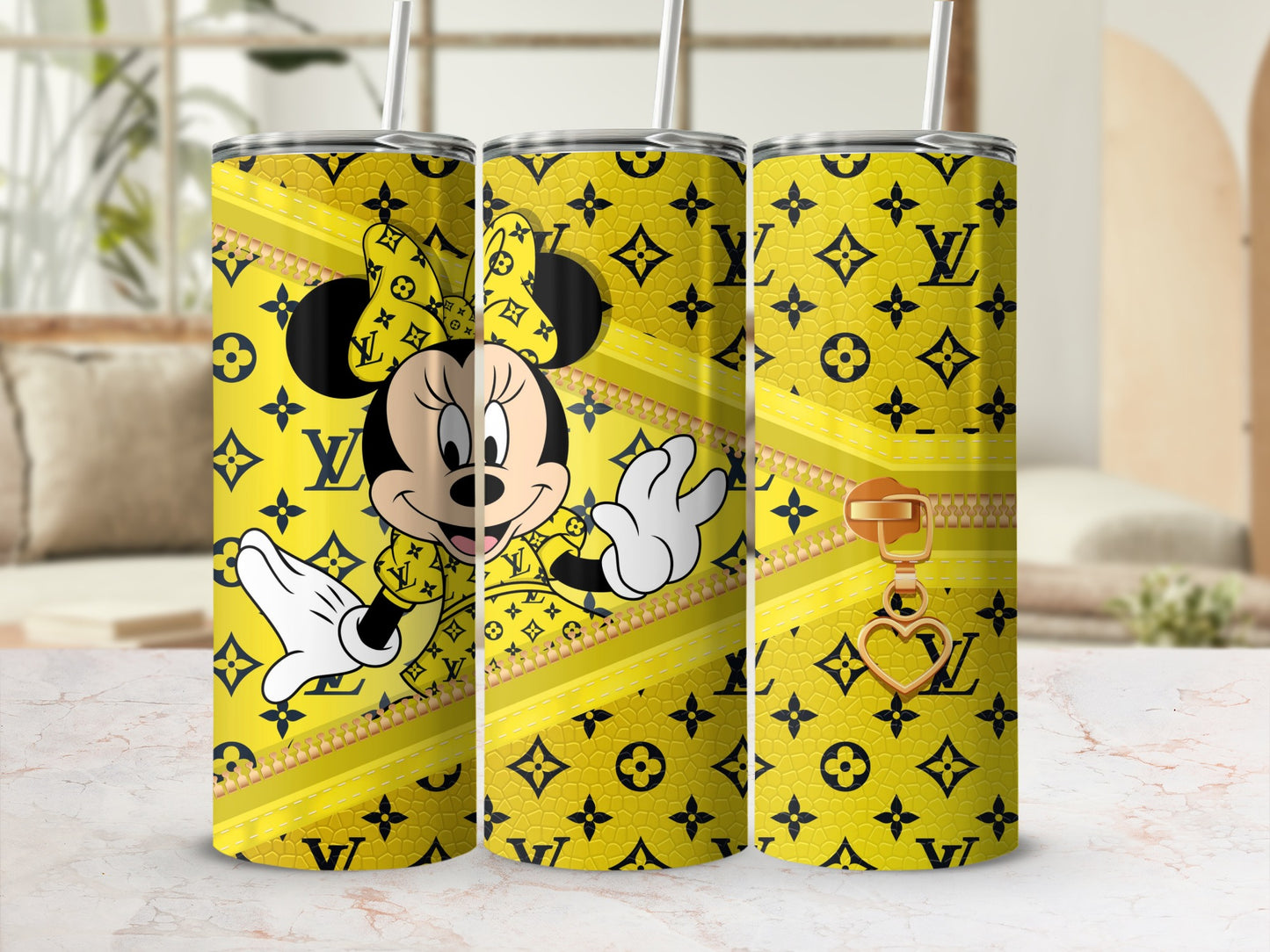 Minnie Mouse on yellow background with LV-inspired pattern and gold zipper detail.