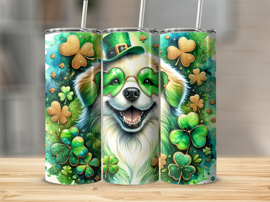 Dog wearing St. Patrick's Day hat and glasses, surrounded by shamrocks.