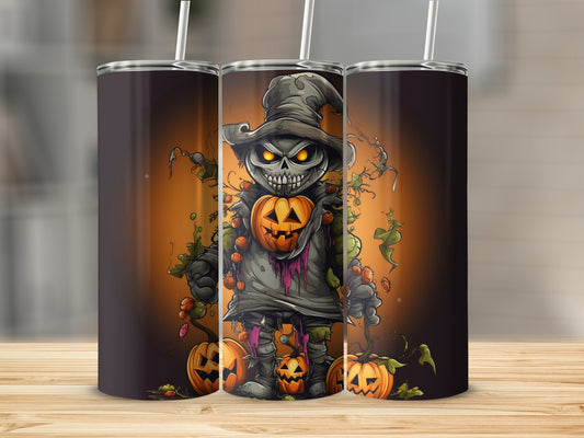 Halloween tumbler featuring a creepy pumpkin-headed scarecrow character with pumpkins.