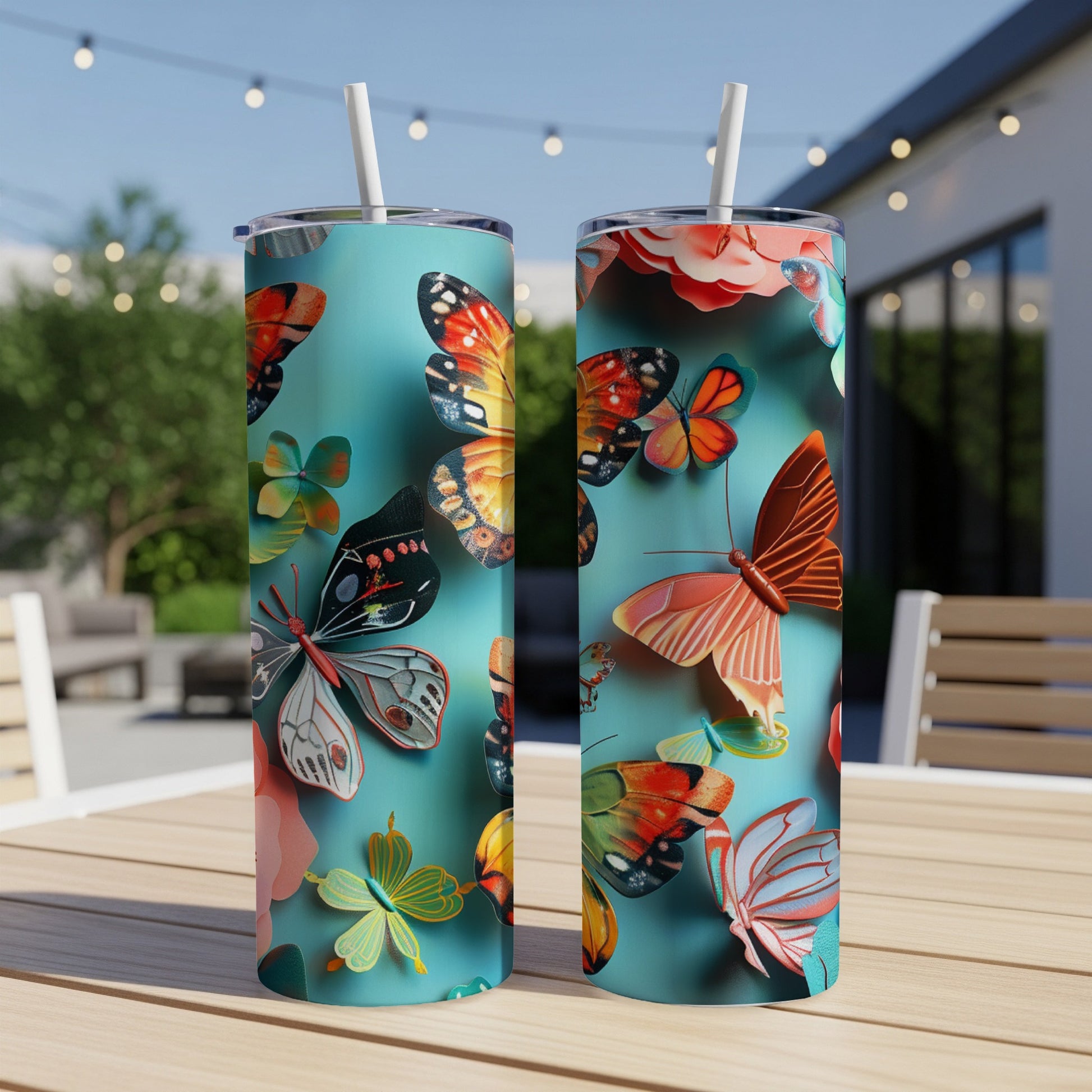 Two teal tumblers with colorful butterfly designs on a wooden table.