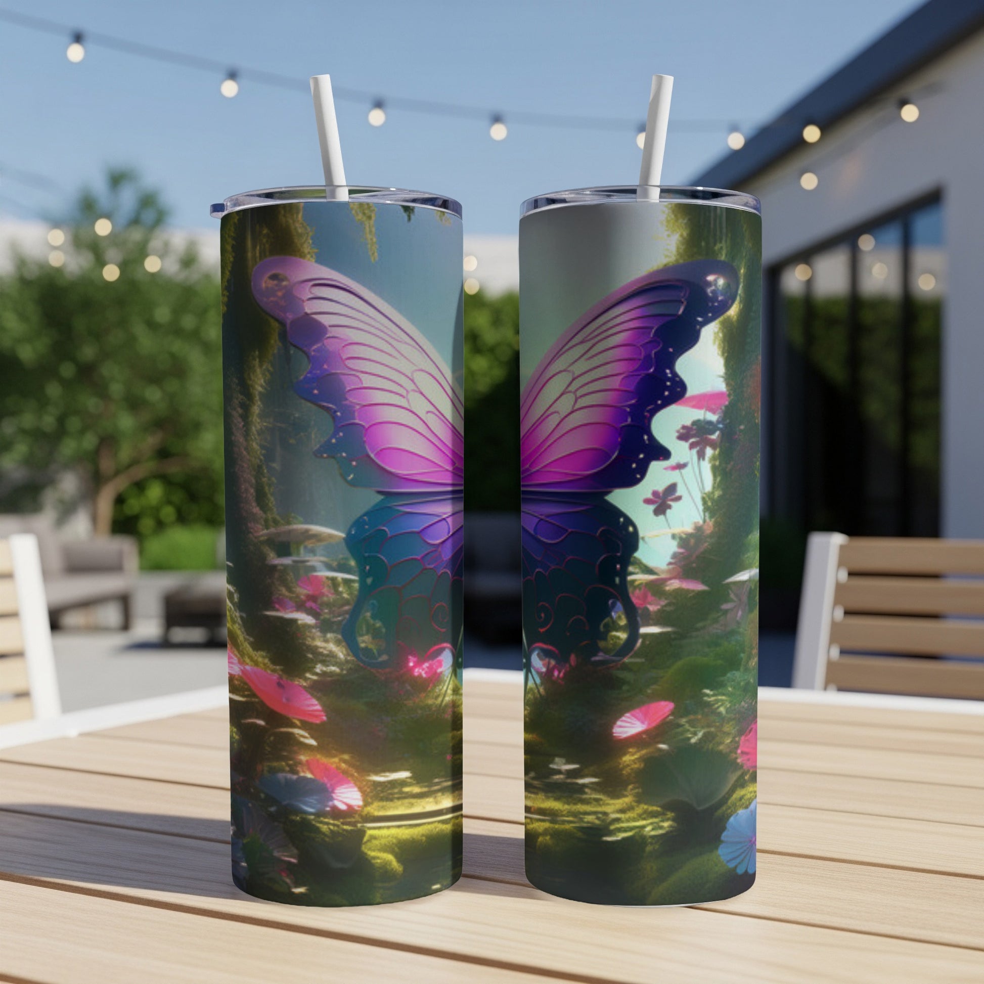 Butterfly wings design on two tumblers with outdoor background.