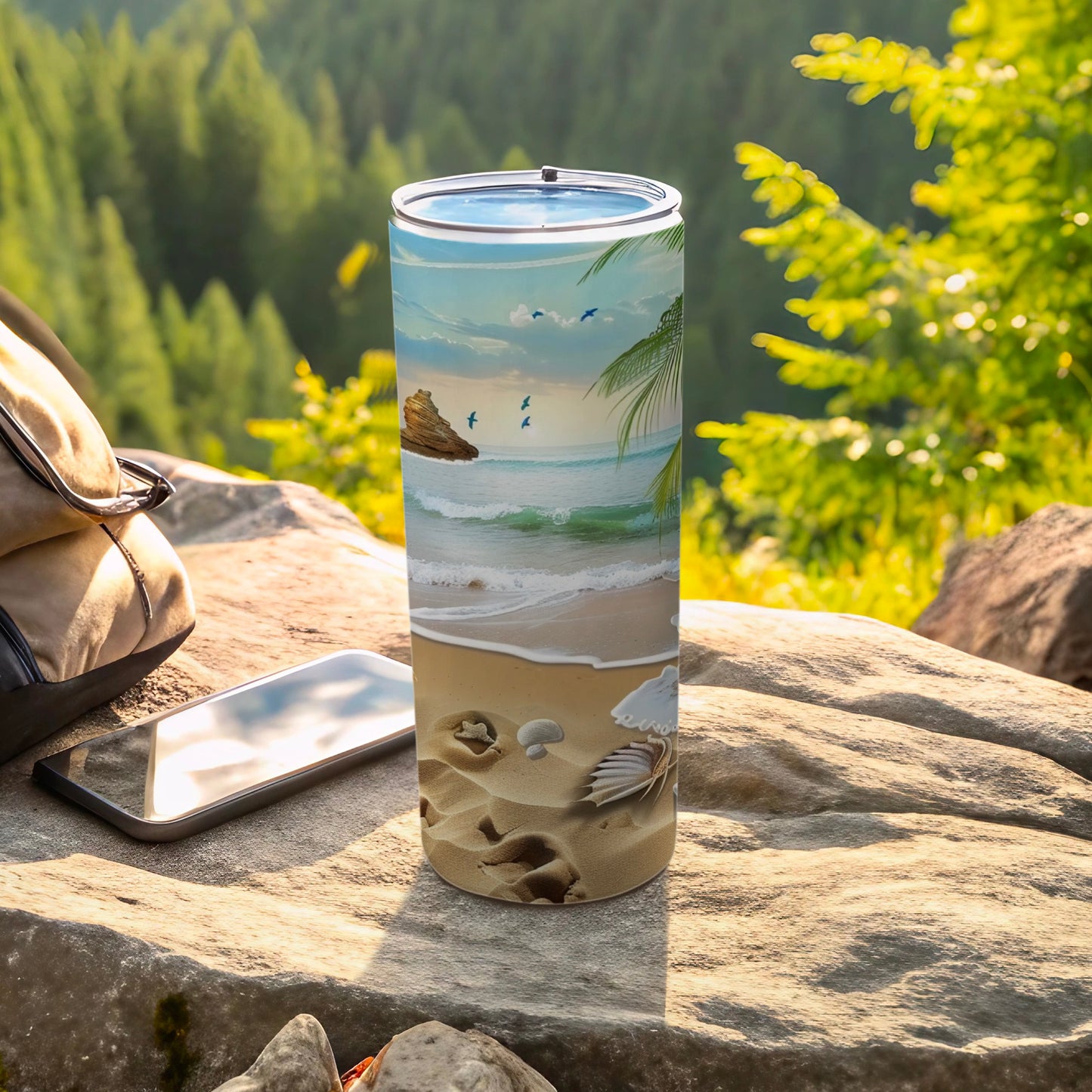 Beach scene with palm trees, ocean waves, and seashells on a tumbler.
