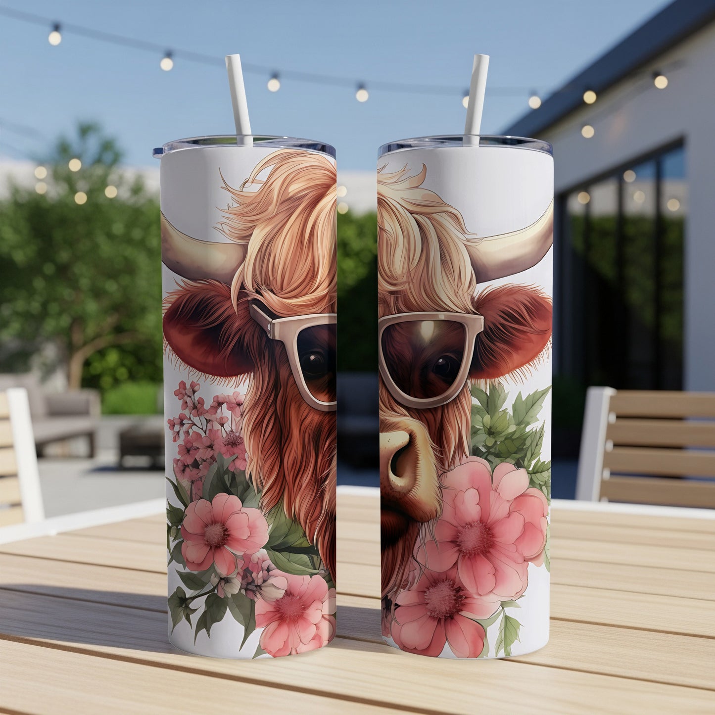 Highland cow with sunglasses and pink flowers on a tumbler.