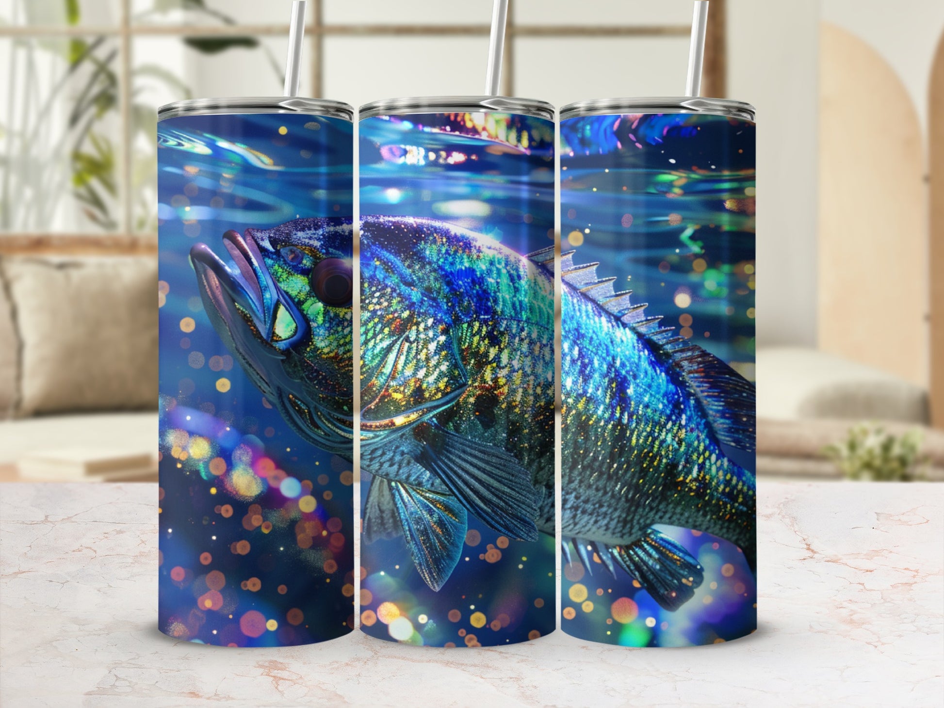 3D render of a vibrant blue and green fish swimming in sparkling blue water.