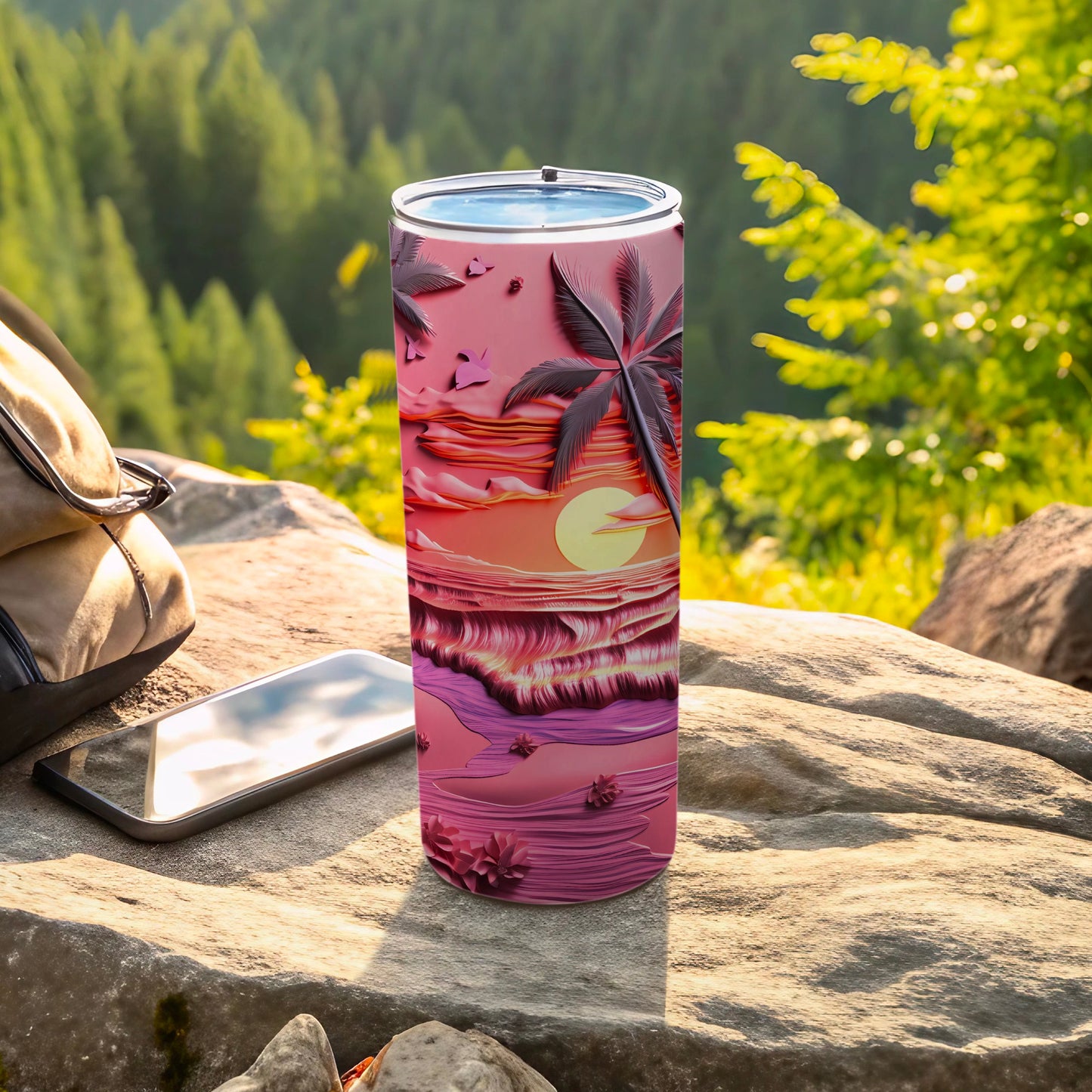 Pink Orange Sunset Palm Tree Birds Floral Tumbler product type
Tumbler, Sunset design, Palm tree art, Tropical theme, Pink gradient, Orange hues, Beach vibes, Summer accessory, Vacation essential, Island style, Travel mug, Drinkware gift, Unique pattern, Outdoor gear, Nature inspired, Wavy design, Bird silhouette, Floral accents, Reusable cup, Insulated tumbler