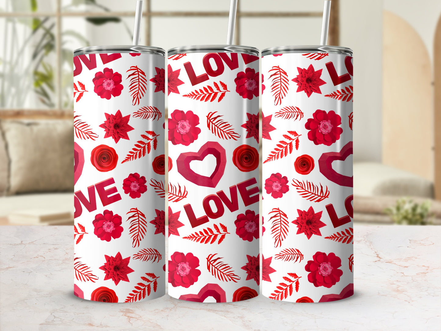 Red Floral and Love Patterned Tumbler