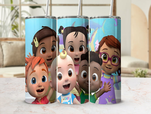 Cocomelon characters on a cylindrical tumbler with straws.