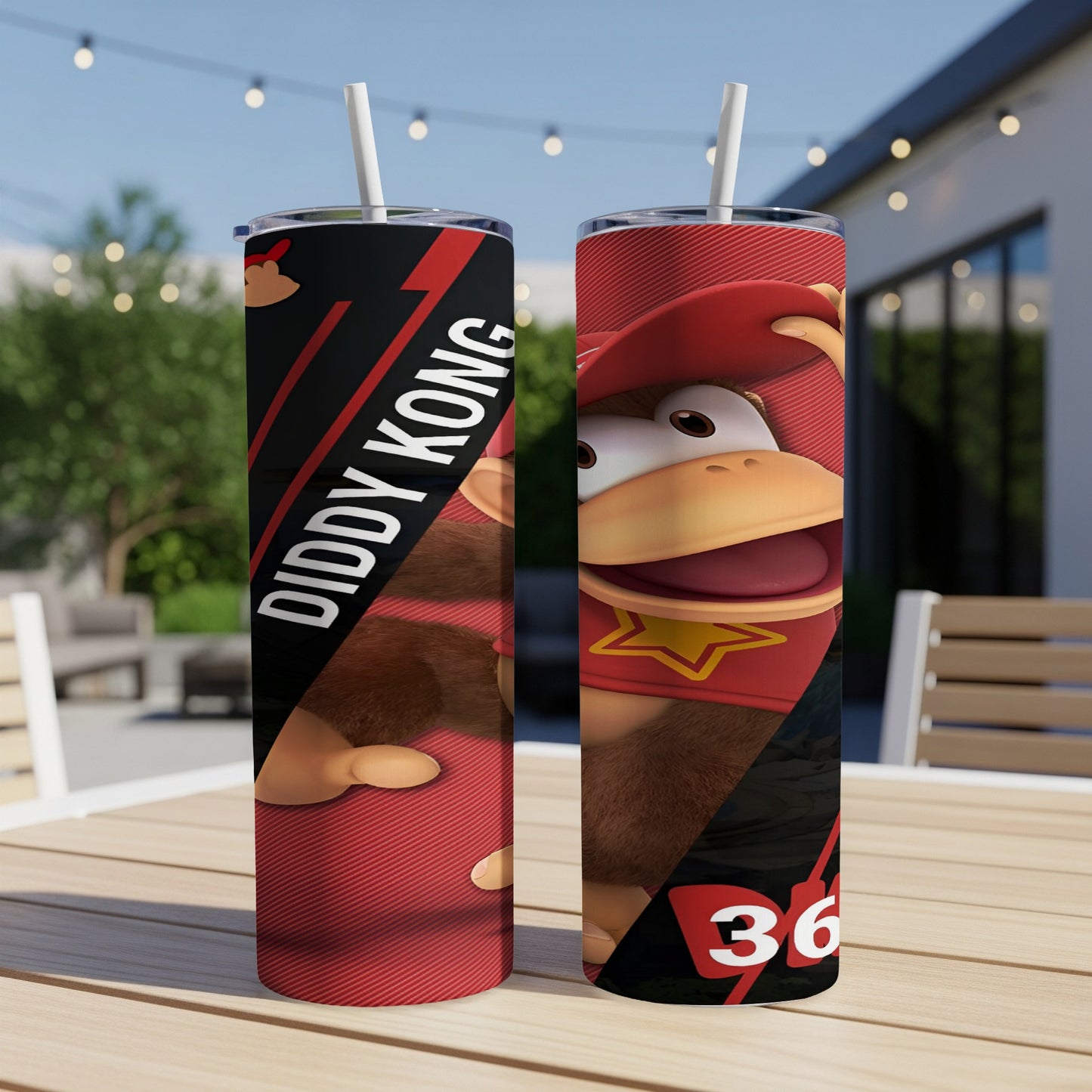 Diddy Kong standing with red trim and "36" graphic on a tumbler.