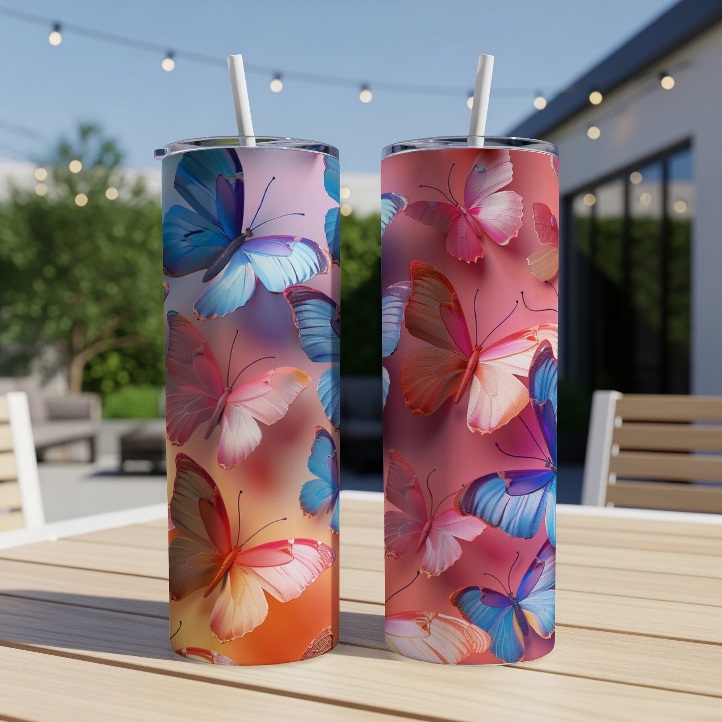 Two tall, patterned tumblers with colorful butterflies on a wooden table.